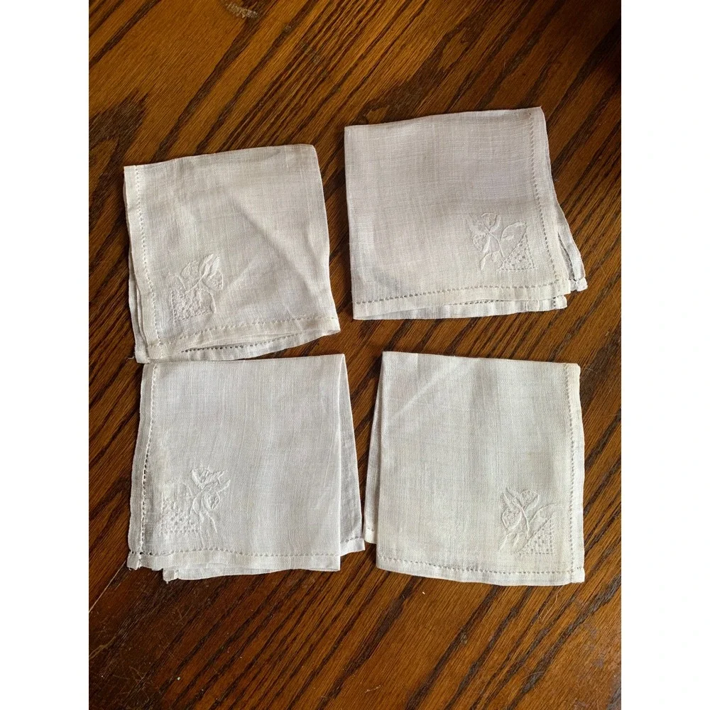 Vintage White Linen Cocktail Napkins Set of 4 Hand Embroidered Floral Lace 5x5
